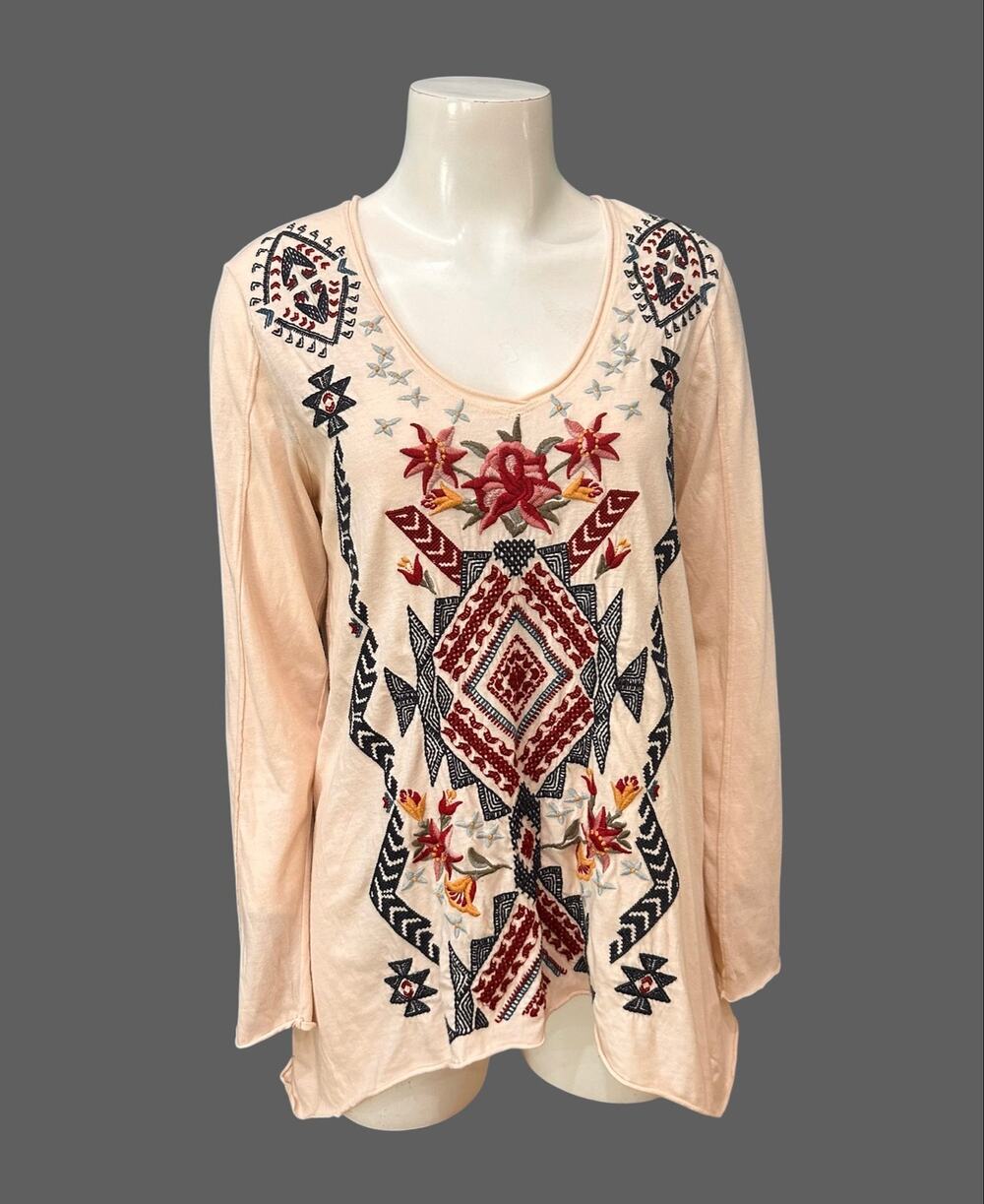 Johnny Was JW Los Angeles Embroidered Boho High Low Tunic Top Medium -